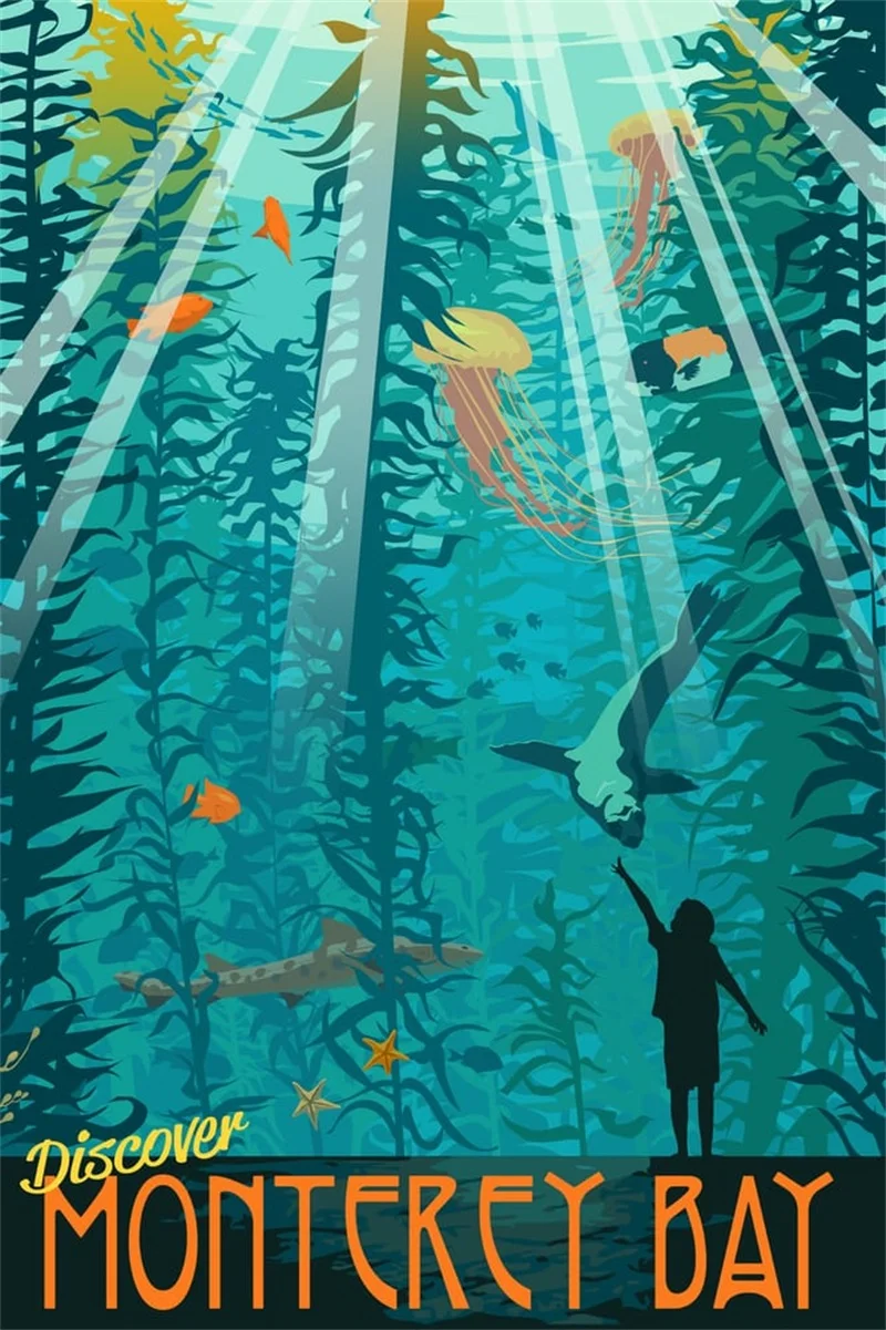 Постер декоративный винтажный ретро в стиле крафт с изображением подводных путешествий в Монтерей-Бей.