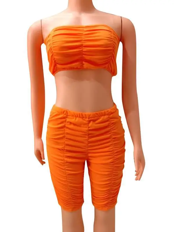 

Sexy Off Shoulder Ruched Tracksuit Women Summer Tube Crop Top with Stacked Biker Shorts Bodycon Two Piece Set Women Outfits