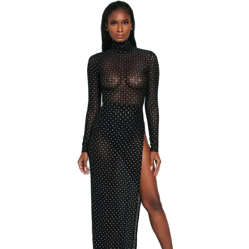 Европейское сексуальное платье с высоким разрезом женское длинным рукавом