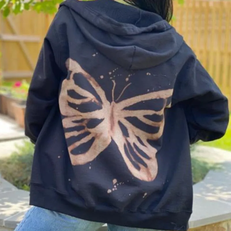 

Autumn Winter Women Casual Hooded Jacket Butterfly Print Long Sleeve Sweatshirt with Pockets, Drawstring