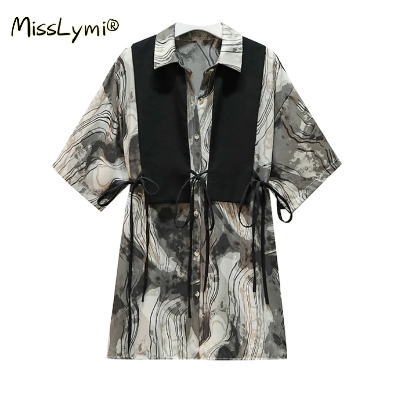 

4XL Plus Size Women Blouse Top Two Piece Set Clothing Summer 2021 Lace Up Black Vest and Tie Dye Print Short Sleeve Loose Shirts