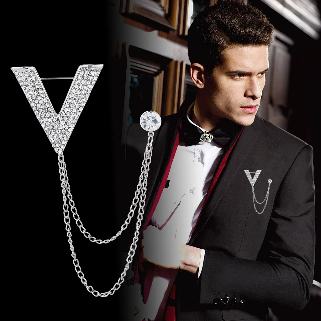 High-end Стразы V брошь в форме буквы украшенные кристаллами с висящими кисточками