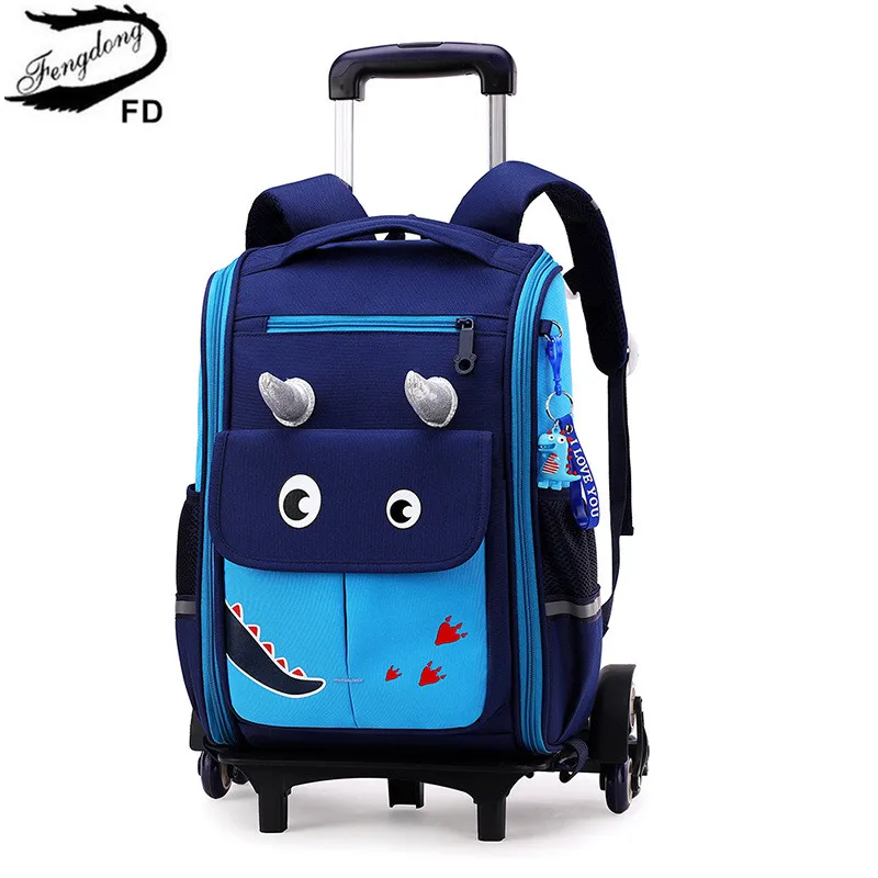 Fengdong elementary school bags for boys with 6 wheels kids detachable rolling backpack children cute waterproof school backpack