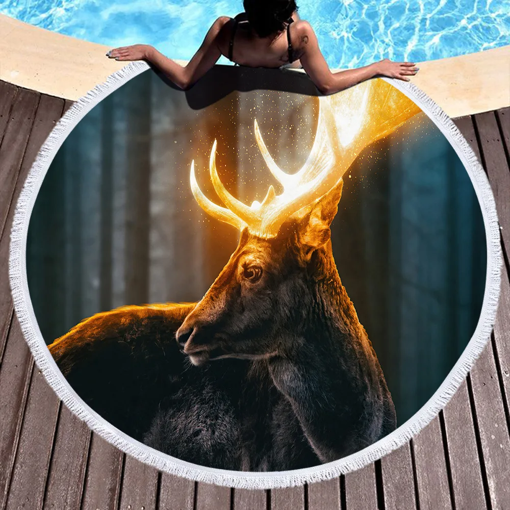 

Animal Elk Printed Large Round Beach Towel Microfiber Round Fabric Bath Towels For Living Room Home Decorative