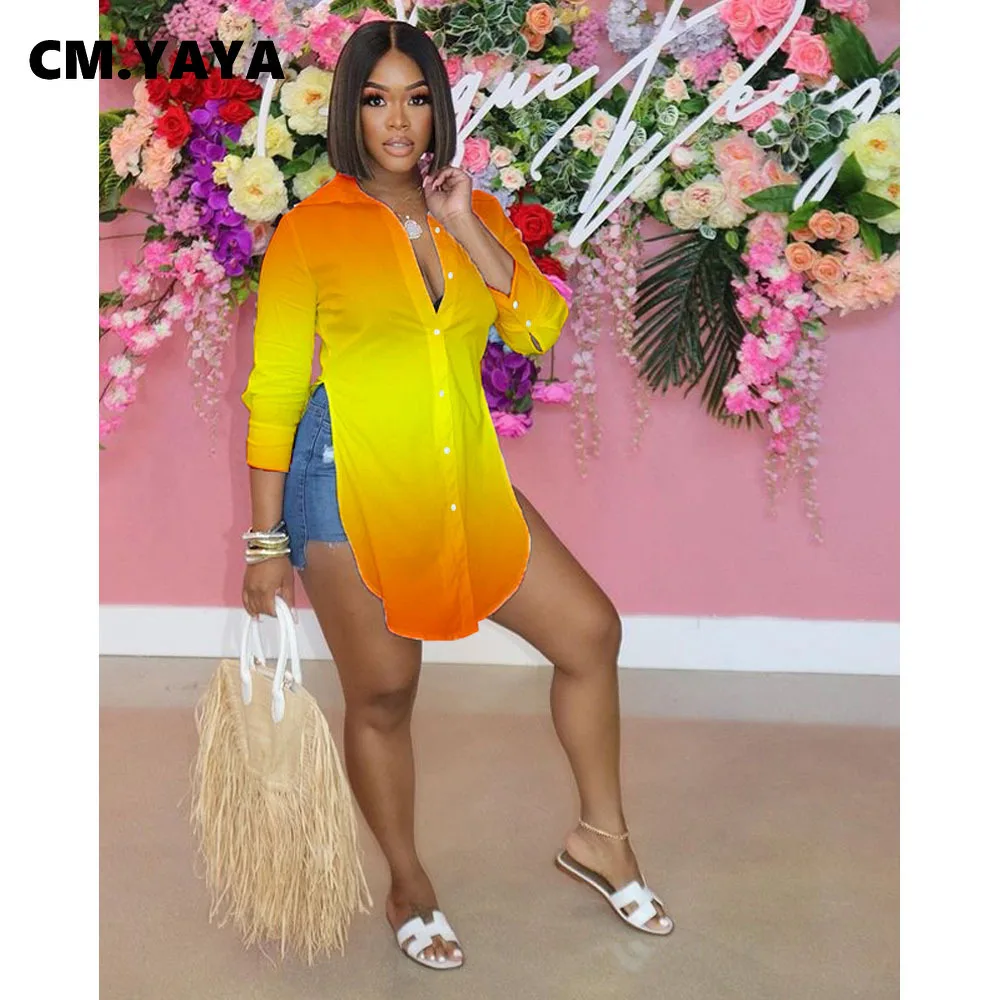 Рубашка женская летняя однобортная с градиентным принтом и длинным рукавом |