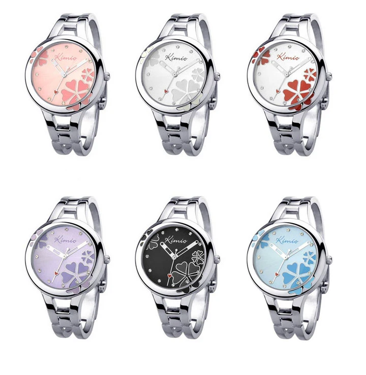 

Kimio Brand Women's Bracelet Watch Stainless Steel Clover Crystal Ladies Dress Watches Black Quartz-watch Relogio Feminino