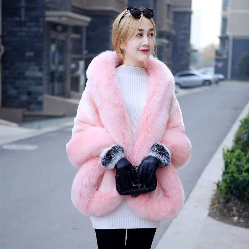 

Fashion Fur Cape Cloak Coat Women Autumn Winter Faux Mink Fur Jacket Fox fur collar Shawl Outerwear Female Thicken Cloak A3100