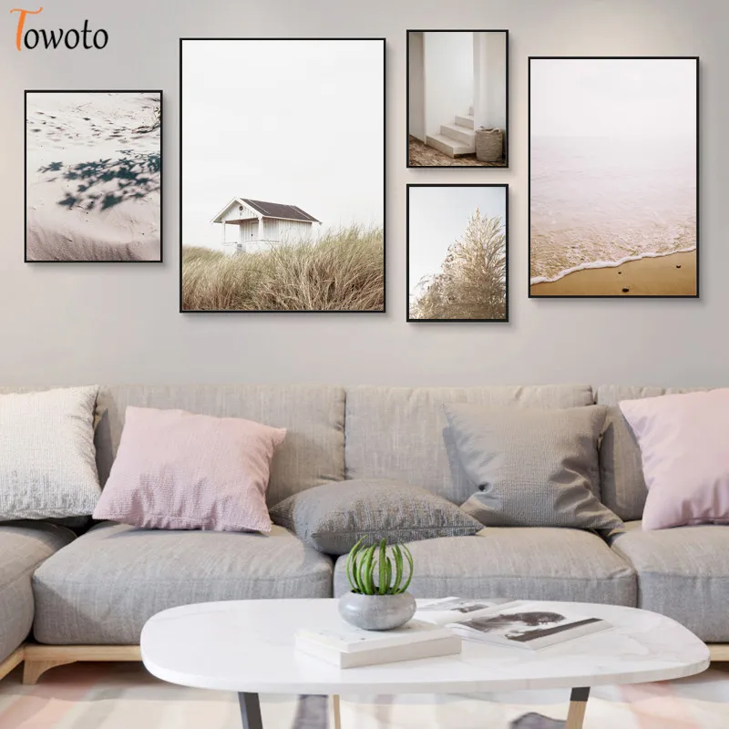 Скандинавский постер природы нейтральный синий бежевый пейзаж с принтом Картина