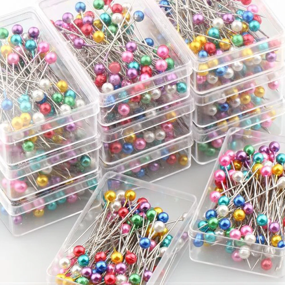 

500pcs Colorful Round Pearl Head Dressmaking Pins Needles Stitch DIY Craft Wedding Corsage Sewing Positioning Box Sewing Tools