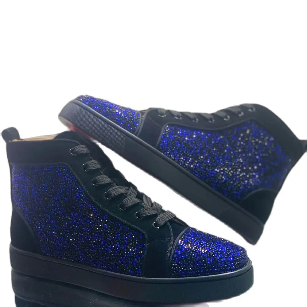 

Туфли мужские с красной подошвой, натуральная замша, повседневные лоферы, с заклепками, плоская подошва, Синие стразы