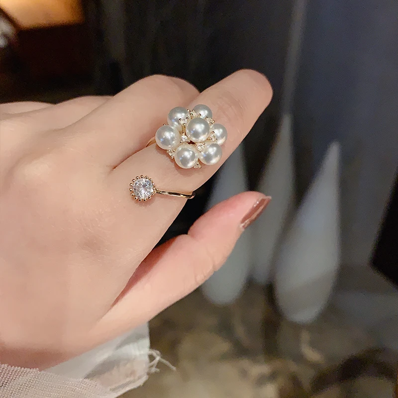 Нежное волшебное жемчужное кольцо с цветочным Цирконом Открытое женское