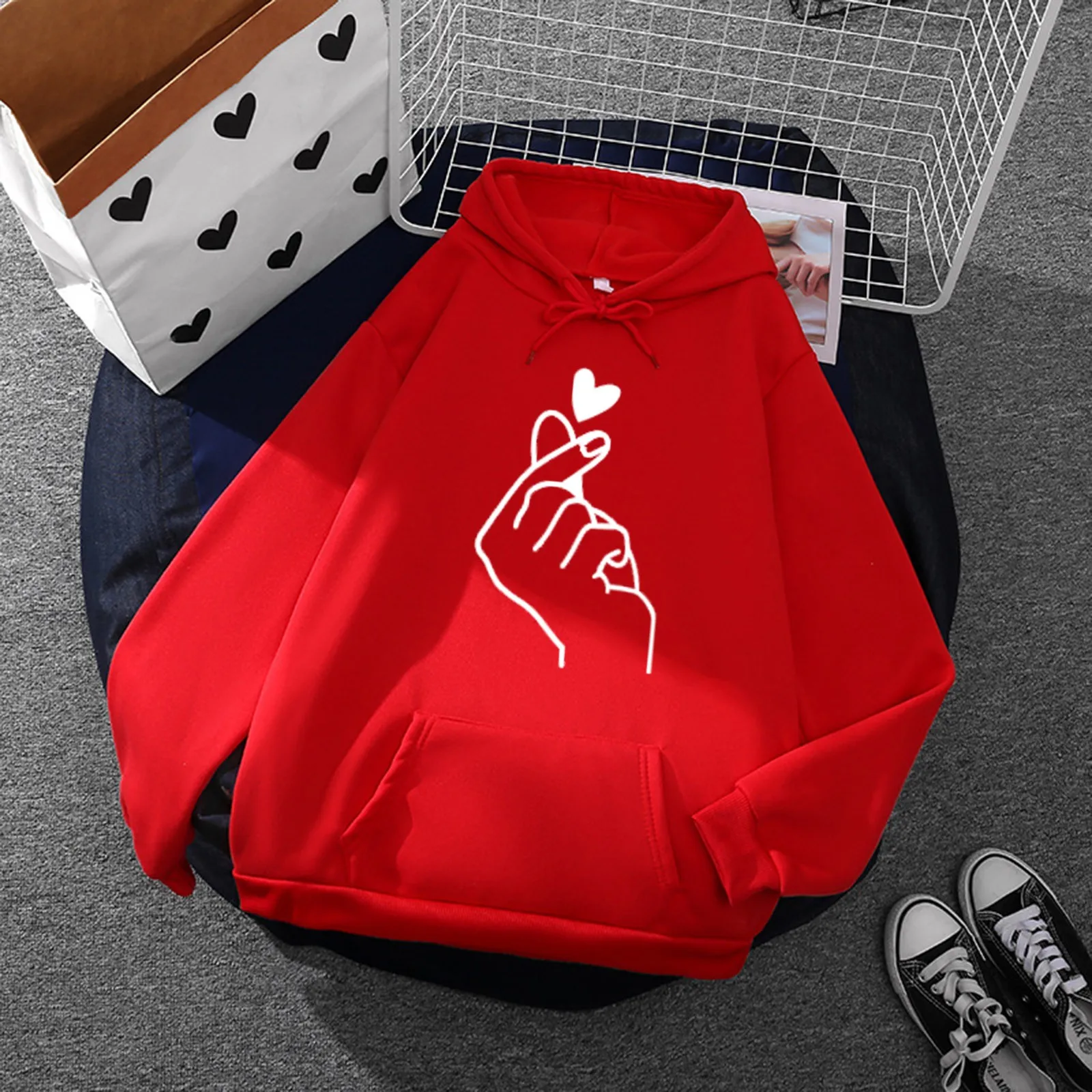 Women Casual Hoodie Love Printed Top Long Sleeve Loose Hooded Sweatshirt Top With Pocket Streetwear Women Oversized Hoodies