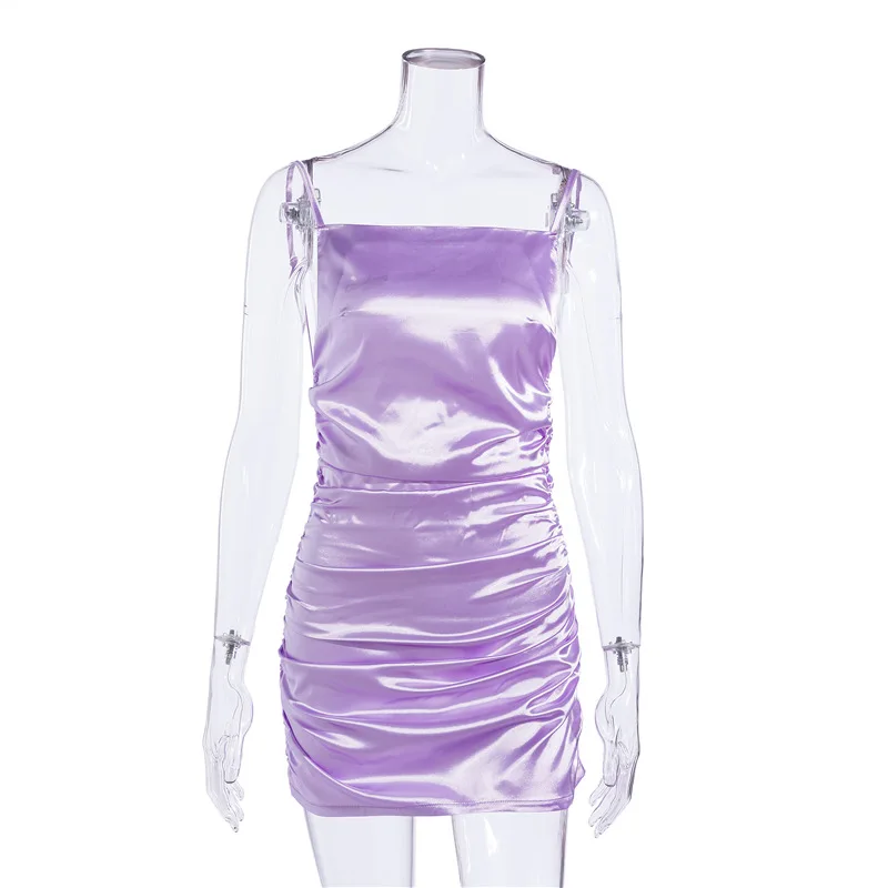 

2021New Purple Strap Dress Women Folds Solid Slim Backless Sexy Dress Summer High Waist Pleated Buttocks Bodycon Mini Dress Lady