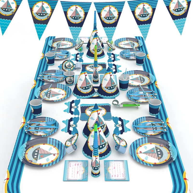 Морская одноразовая посуда детские принадлежности для дня рождения руль синяя