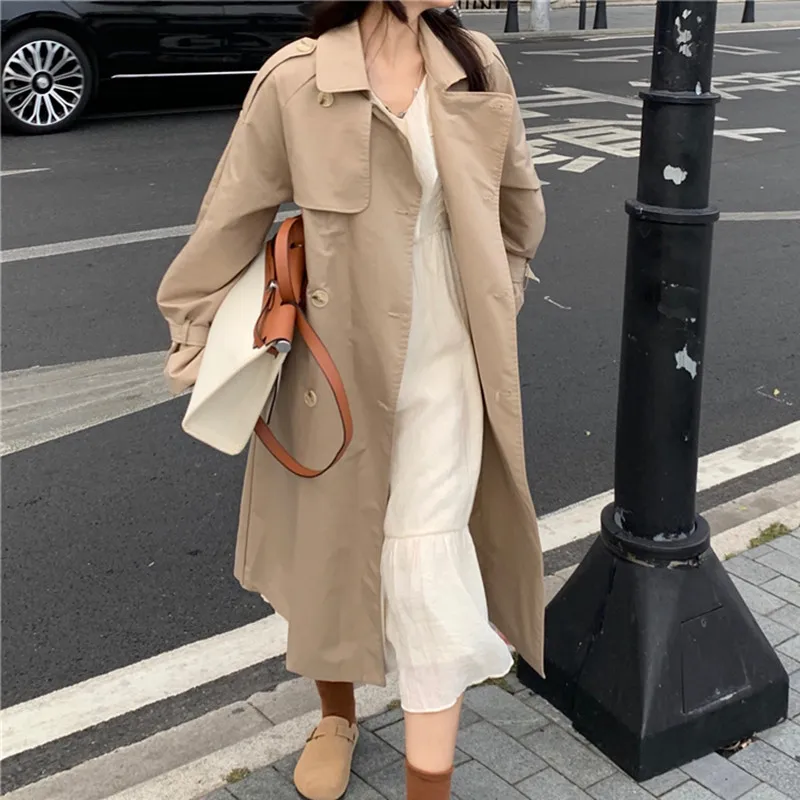 Sungtin корейский длинный Тренч большого размера женский с поясом Двубортный