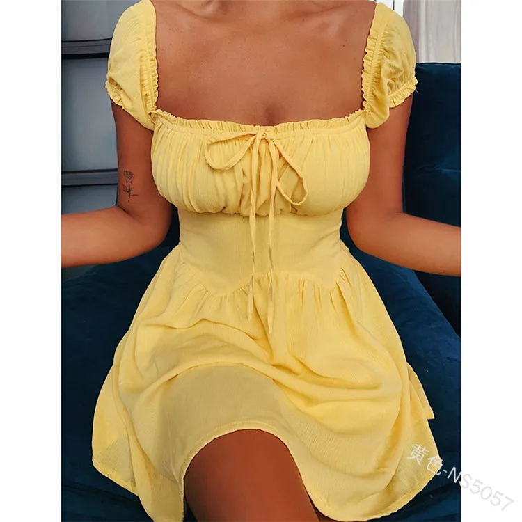 

summer solid color one neck waist dress women with ear edge pleated lace up low cut A-line dress fahsion dresses for women 2021