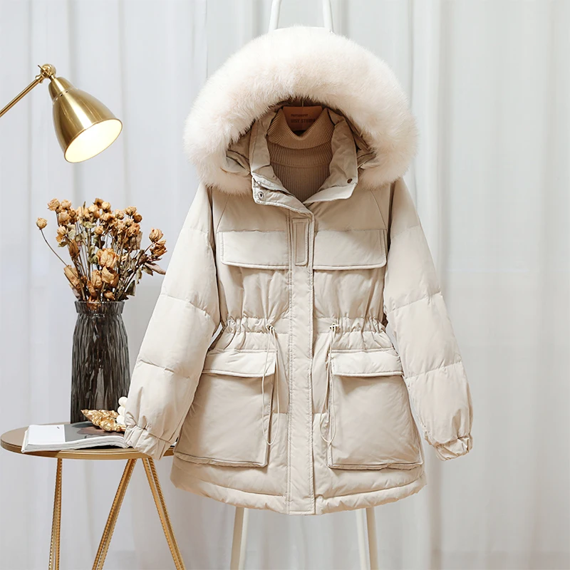 

90% White Duck Down Jacket 2020 Winter New Korean Medium Long Down Coat Natural Fox Fur Hooded Puffer Parkas Female Snow Outwear