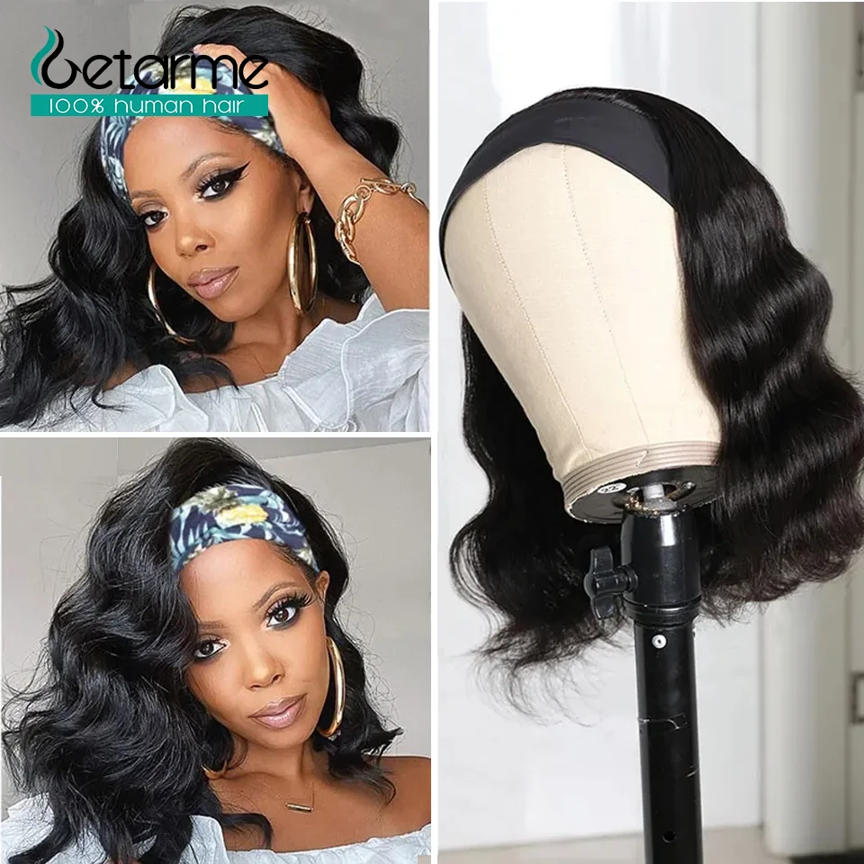 

Getarme Bob Body Wave Headband Human Hair Wigs For Black Women Brazilian Machine Made Remy Natural Color Hair 130%-150% Density