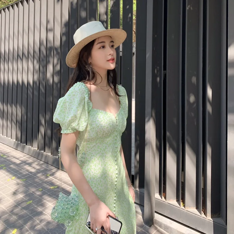 

2021 Summer Fashion Square Neck bubble sleeve high waist medium length skirt dress women's large new French style