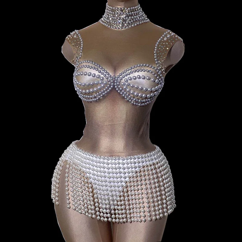 

White Pearl Fringe Stones Spandex Bodysuit Women Dancer Singer Show Wear High Neck Outfit Bar Prom Birthday Outfit Lady DT2380