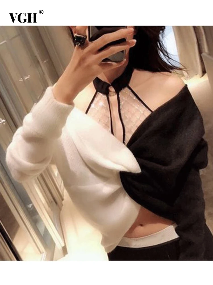 

Женский свободный свитер с вырезами VGH, повседневный элегантный свитер с разноцветными вставками, с круглым вырезом и длинным рукавом, в сти...