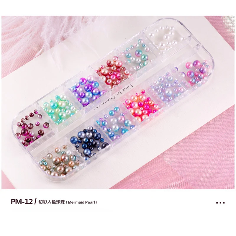 12 Grids/Box Mix Size 3D Nails Pearls Decor Micro Beads Charm Semicircle-Pearl Rhinestones Manicure DIY Nail Art Decorations