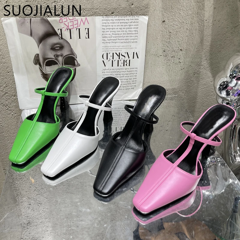 

Элегантные женские тапочки SUOJIALUN, новинка весны 2022, Брендовые женские мюли без застежки с круглым носком, классические туфли на тонком высок...