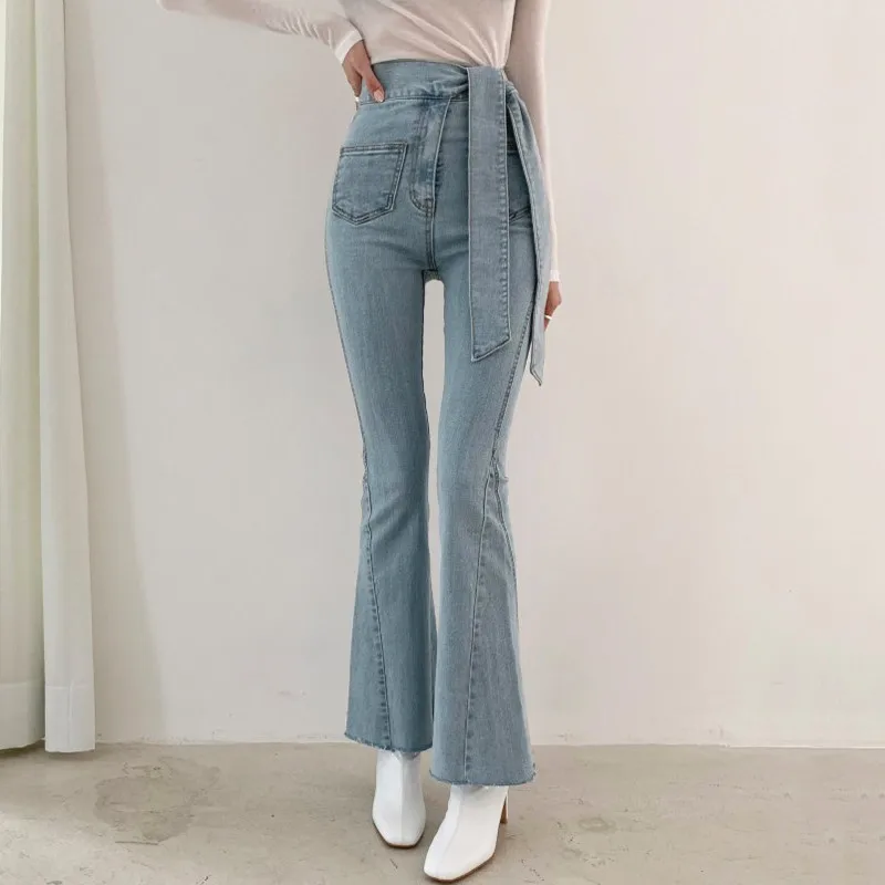 

Korean Chic Niche Retro High-waisted Lace-up Washed Multi-pocket Design Slim Slim Flared Jeans Trousers