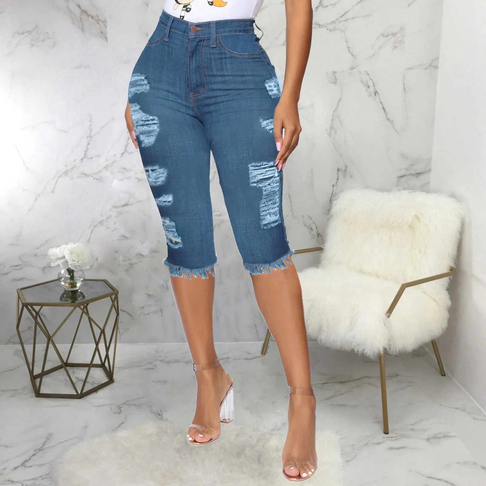 

Women's Denim Shorts High-Waist Jean Casual Fashion Insert Pockets Sexy Personality Ripped Jeans Slim Short Mujer Pantalones