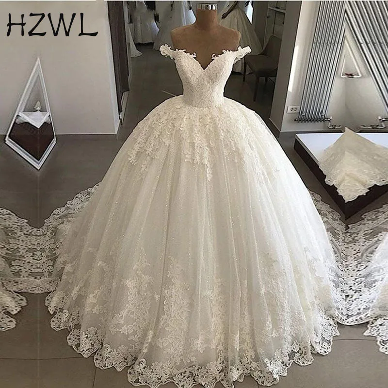 

Luxury Wedding Dress 2019 Princess Swanskirt Appliques Beaded Lace up Ball Gown Chapel Train Bridal Gown Vestido de Noiva