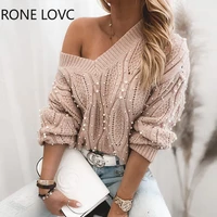 women solid cut out lace up long sleeve beaded cable knit sweater women top