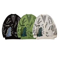 zazomde harajuku dinosaur pattern cardigan sweater men vintage oversized cartoon kawaii coat autumn winter loose knitted sweater