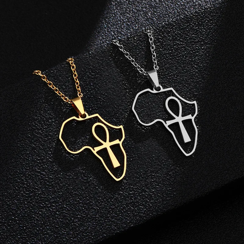 

Africa Map Ankh Cross Necklace For Women Men Stainless Steel Chain Egyptian Map Necklaces Charm Collares Bijoux Femme Jewelry