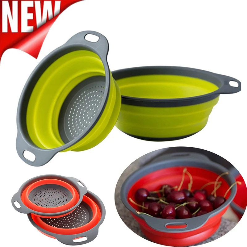 

2pcs/set Foldable Silicone Colander Creative Drain Basket Kitchen Strainer Tools Vegetable Fruit Wash Basket Filter
