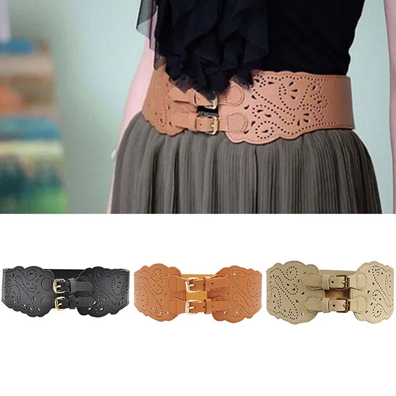 

Fashion Women Double Buckle Elastic Waist Belt Wide Stretch Corset Waistband For Women Dress Stretch Waist Belt Adjustable Belt