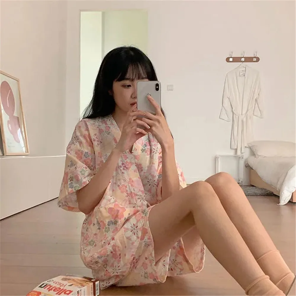 Japanese Kimono Women Girl Kawaii Room Wear Summer 2021 Pajamas Floral Print Loose Casual Shorts Pijamas Two Piece Set Nightwear