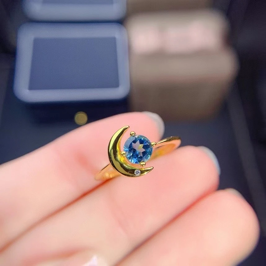 

Sun Moon Style Blue Topaz Ring 5x5MM Natural Gemstone Fine Jewelry for Women Date Gift Real 925 Sterling Silver Gold plated