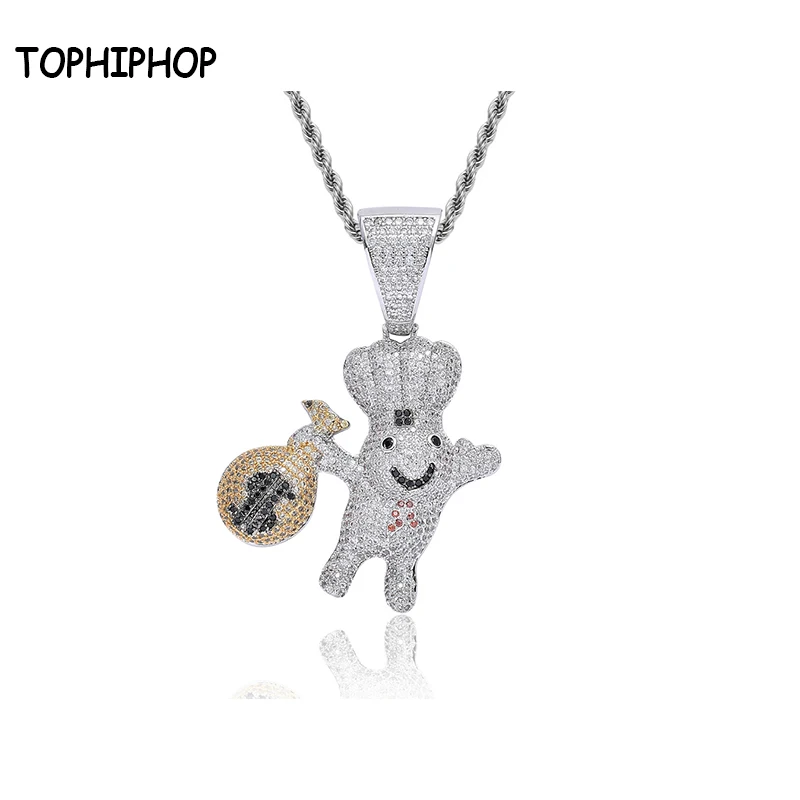 

TOPHIPHOP Hip Hop AAA CZ Zircon Paved Bling Iced Out Silver US Dollar Money Bag Purse Doll Pendants Necklace for Jewelry Gift