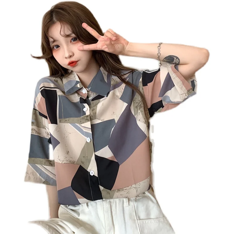 

Houthion Chiffon Loose Women's Blusass New Casual Blusas Fashion Short Sleeve Top Buttons Geometry Polo Shirt Summer