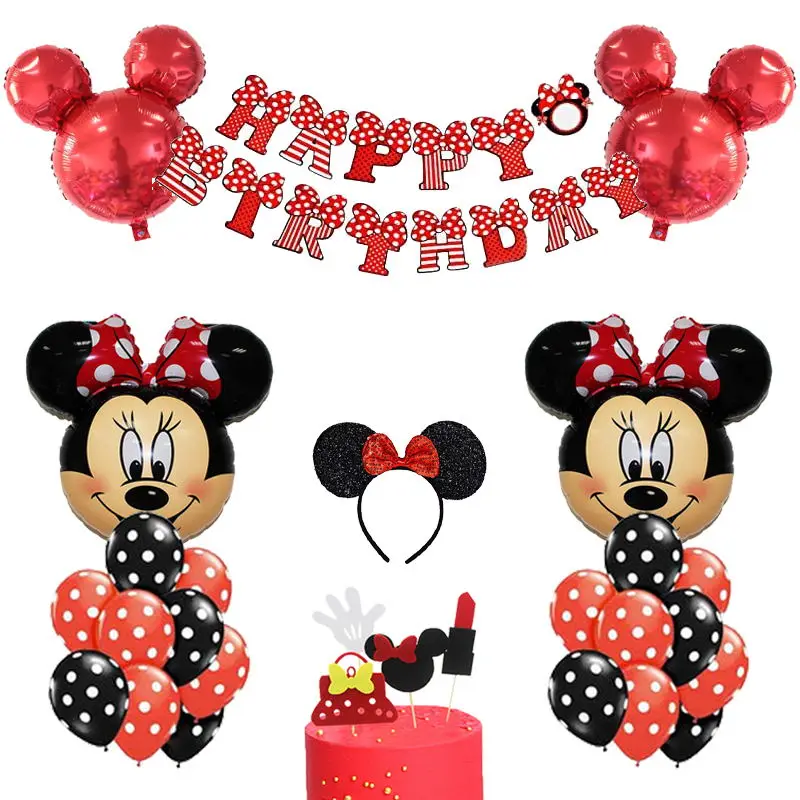Украшения для дня рождения Минни Маус красные и черные воздушные шары повязка