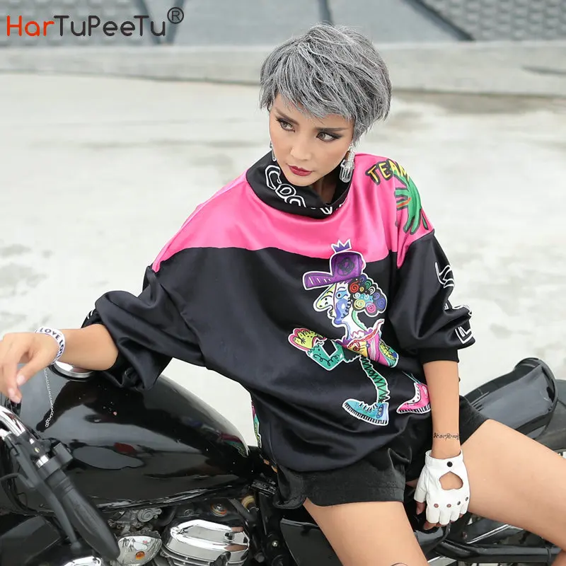 

Spring Autumn Women Turtleneck Hoodie Fleece Fabric Plus Size Loose Pullover Top Colours Block Funny Print Hip Hop Sweatshirts