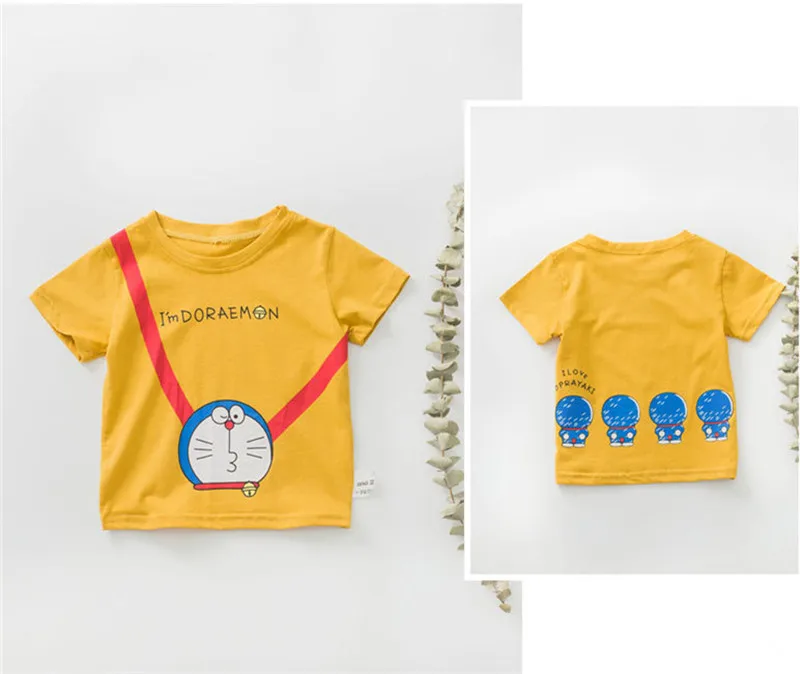 KIKIKIDS/Летняя футболка с героями мультфильмов для малышей Топы с короткими рукавами для маленьких мальчиков и девочек, Doraemon, Детская летняя одежда в Корейском стиле футболки с героями мультфильмов