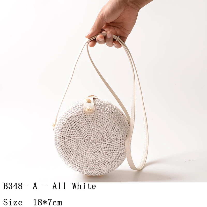B348-A-AllWhite Круглые соломенные сумки, женская летняя сумка из ротанга, ручная работа, тканая пляжная сумка через плечо, круглая богемная сумка, круговая, низкая цена - Цвет: B348-A-AllWhite