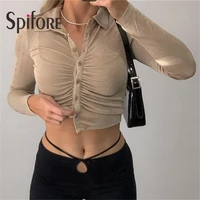 spifore ruched turn down collar button up shirts femme long sleeve sexy crop tops 2021 fashion new solid t shirts women