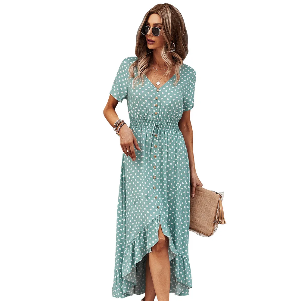 

Fashion Holiday Dress 2021 Polka Dot Long Swing Dress Green Black Blue V-Neck Mid-Calf Dress