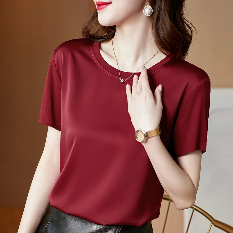 

Summer Korean Fashion Silk T-shirts for Women Vintage Satin Tops for Women Long Sleeves Plus Size XXXL Office Lady Shirts