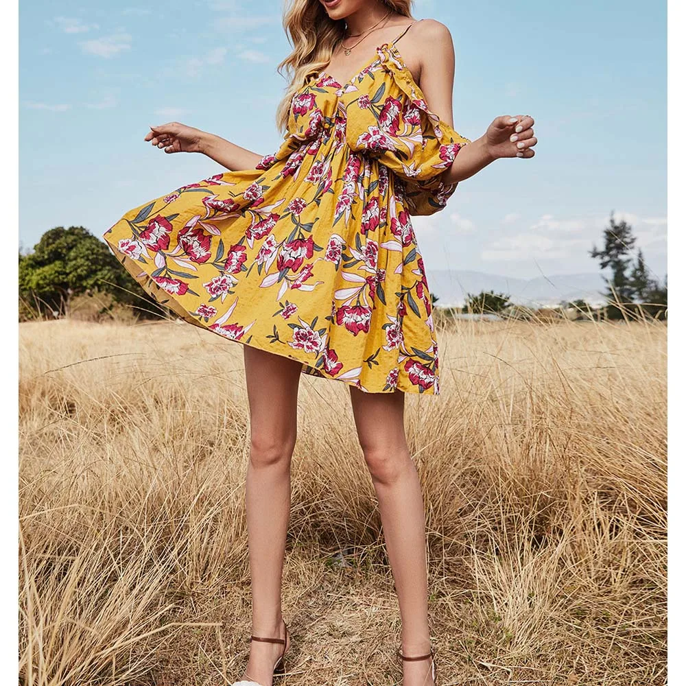 

Off-the-shoulder Bat-sleeve Mini Dress Floral Print Plus Size Women Summer Spaghetti Strap Sexy V Neck Backless Holiday Dresses