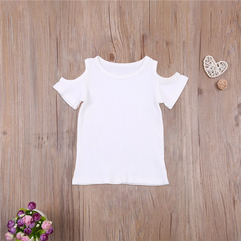 

Girl's Solid Color Knitted T-shirt, Short Sleeve Off-shoulder Round Neck Casual Tops, Simple Summer new Clothes with holiday