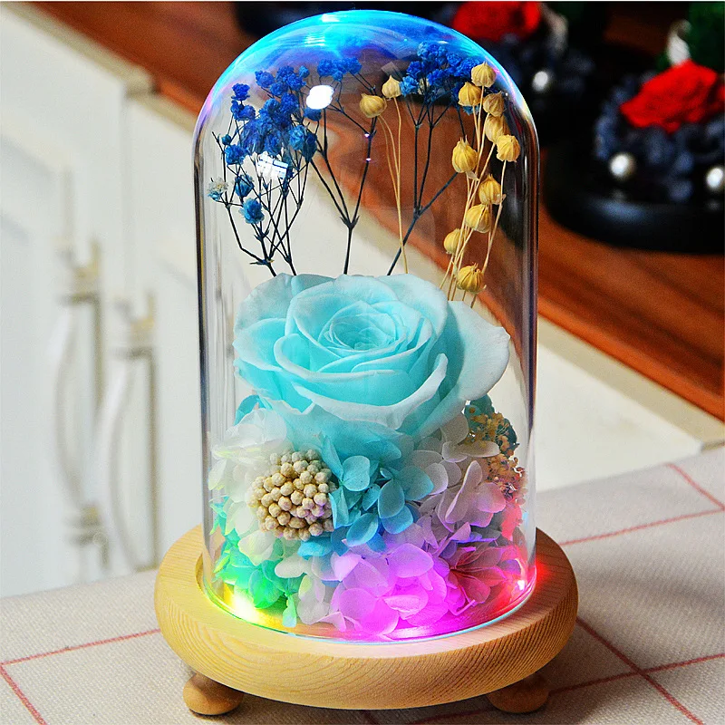 

LED Immortality Flower Glass Cover Gift Box Rose Protection Flower Dry Flower Creative Luminous Ornament Valentine's Day Gift