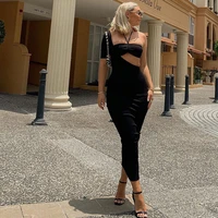 2021 european and american womens spring and summer new unilateral sleeves irregular solid color hollow one piece dress